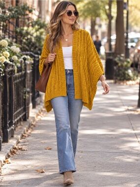 Mo:Vint New York Mustard Cable Knit Open Front Poncho Cardigan S